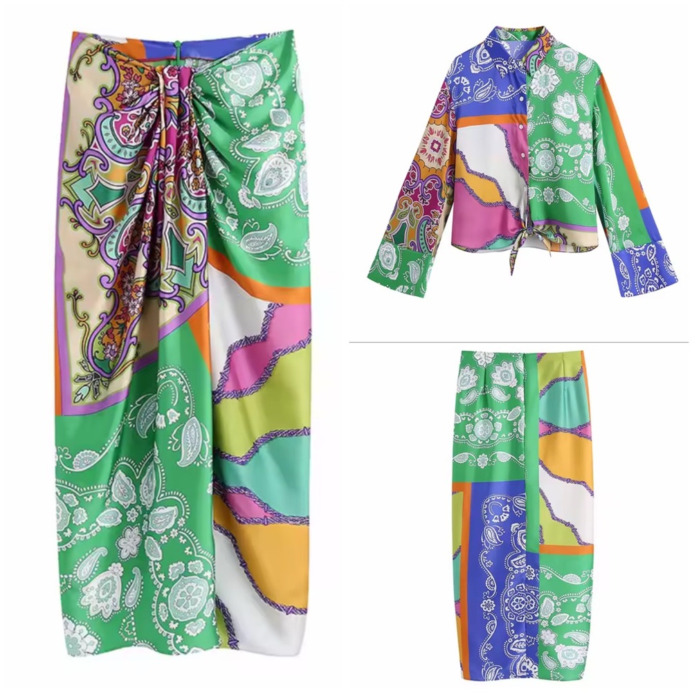 Colorblock Paisley Satin Maxi Dress - Green Multi